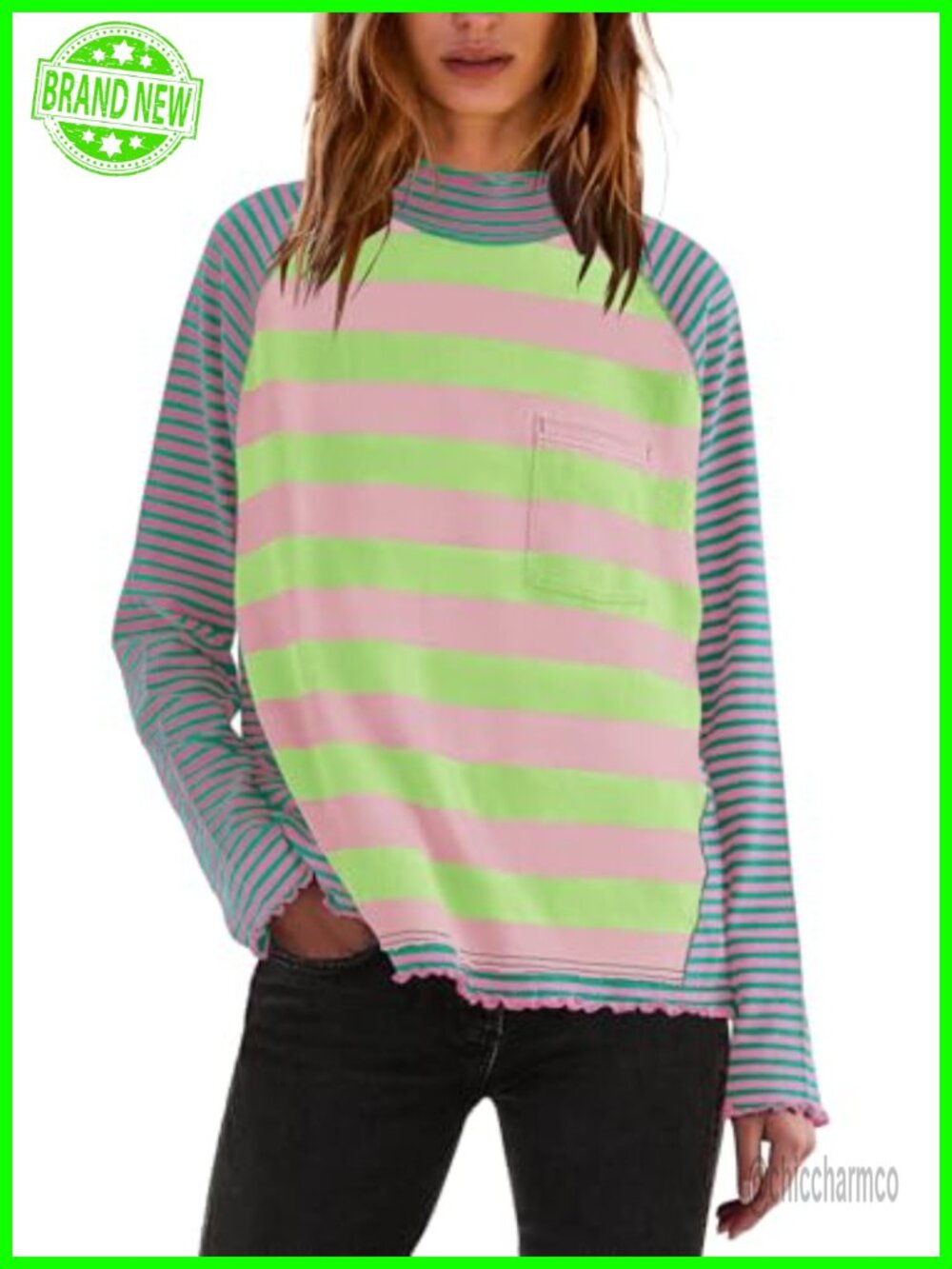 Womens Turtleneck Long Sleeve Striped Raglan Tunic Top